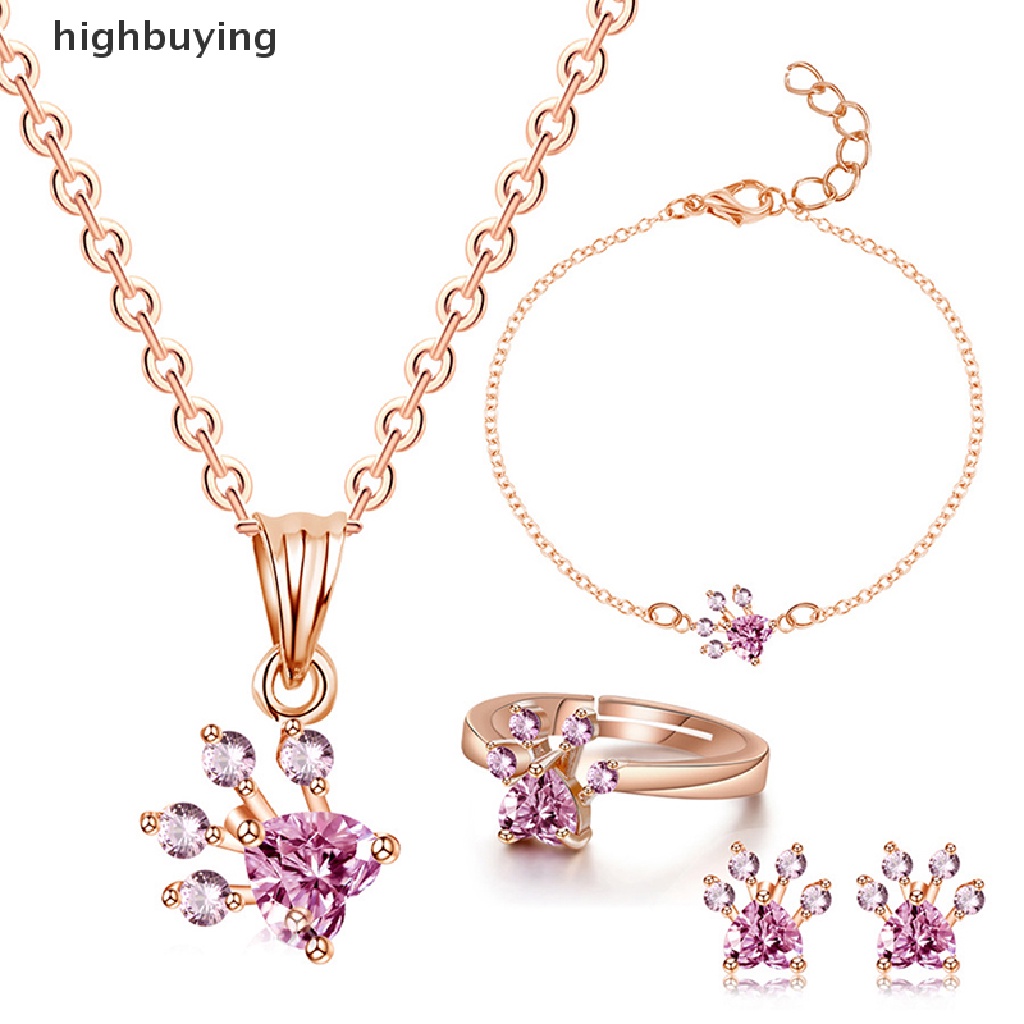 Hbid 4pcs / Set Kalung + Gelang + Cincin + Anting Bentuk Telapak Kaki Anjing Aksen Kristal Untuk Hadiah