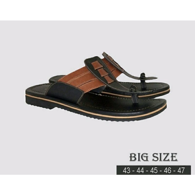 Sandal Kulit JOC10Black Ukuran Besar 43-47 Sendal Jepit Premium Lebaran JUMBO Size Kaki Gemuk Lebar Bapak, 44