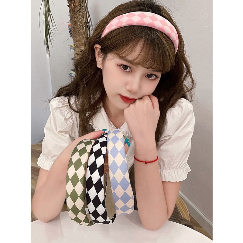 BANDO MOTIF KOTAK CATUR GARIS CHECKERED PATTERN BENDO WANITA KOREA LEBAR RETRO VINTAGE PADDED HEADBAND HAIR BAND RAMBUTp