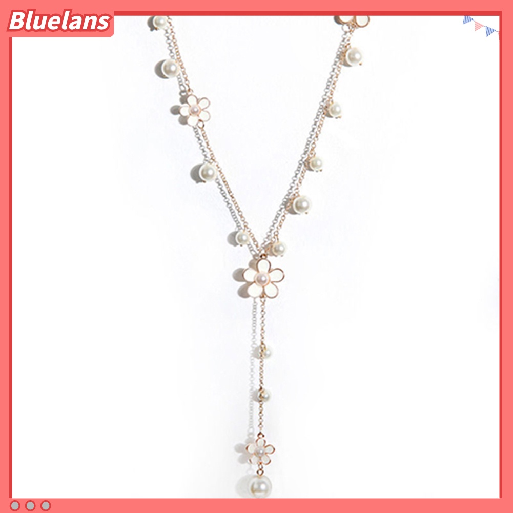 Bluelans Kalung Rantai Panjang Desain Bunga Mutiara Tiruan Gaya Korea Untuk Wanita