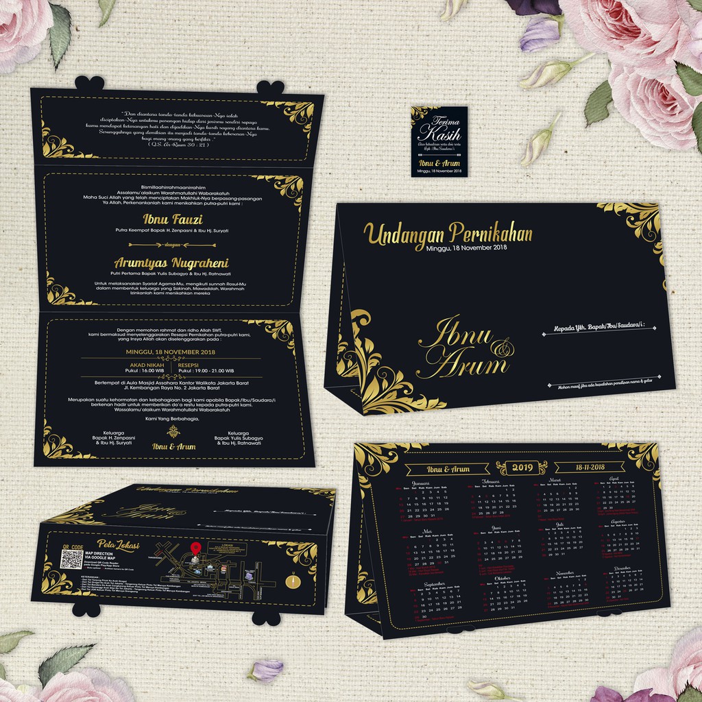 Undangan Pernikahan Kalender Simple Hitam Black Gold Elegant