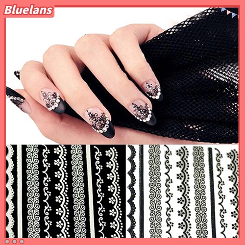 Bluelans 30 Lembar Stiker Kuku 3D Motif Renda Warna Hitam Putih Untuk Manicure