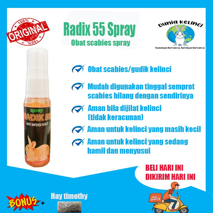 OBAT KULIT SCABIES RADIX 55 SPRAY KELINCI  DEMODEX JAMUR KUTU LUKA INFEKSI DEMODEKS