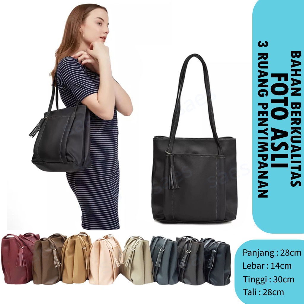 SAES - Lily Tas Totebag Kulit Wanita Simpel Tas Wanita Tas Tote Vintage Retro Hitam