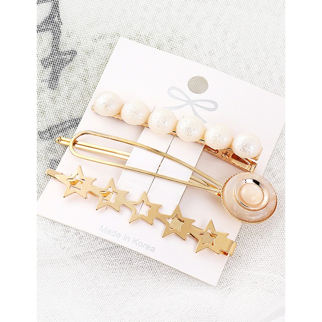 LRC Jepit Rambut Fashion Gold Alloy Pearl Five Star Hairpin Set Y61874