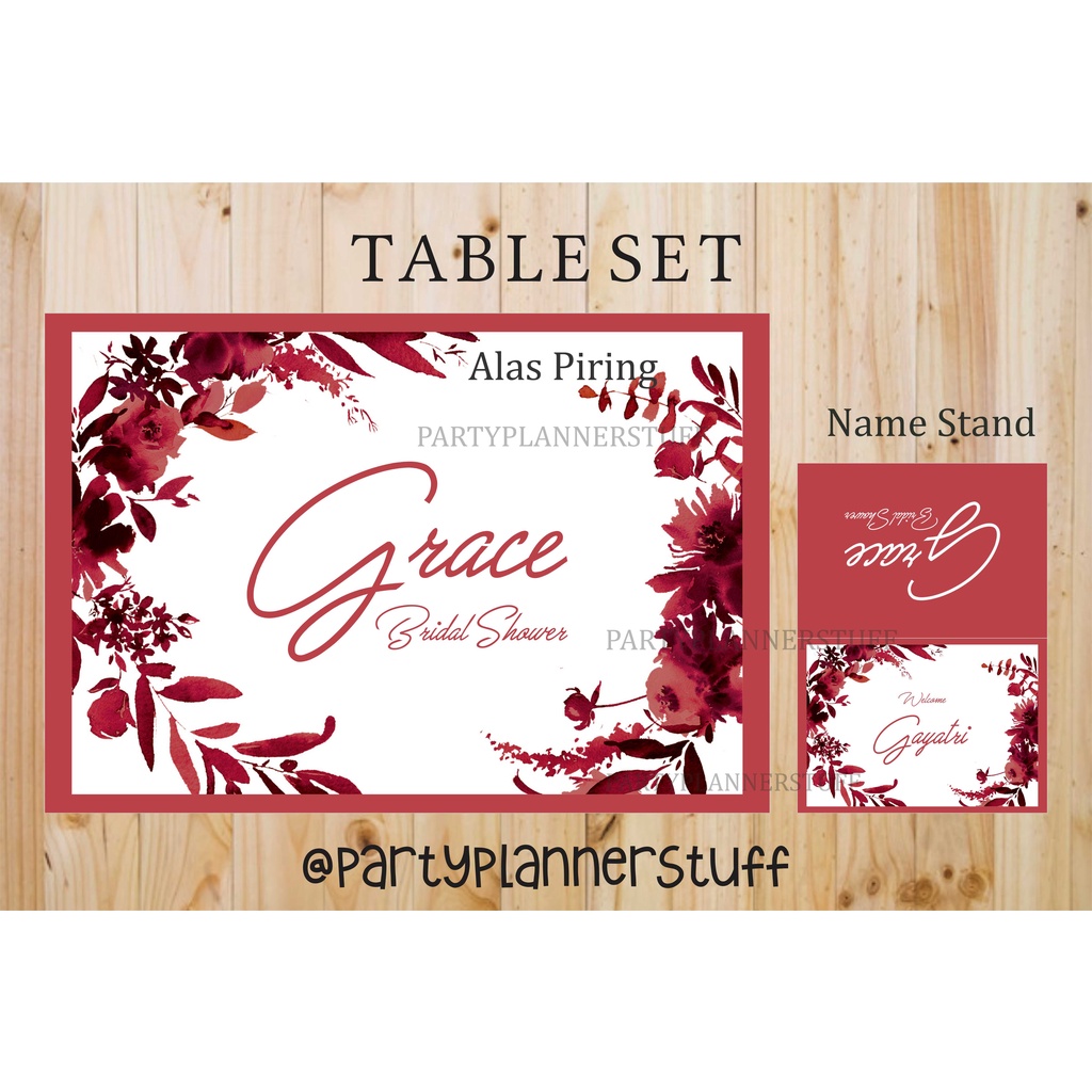Table set tema floral maroon flower / dekor meja makan bridal shower / baby shower / anniversary / s
