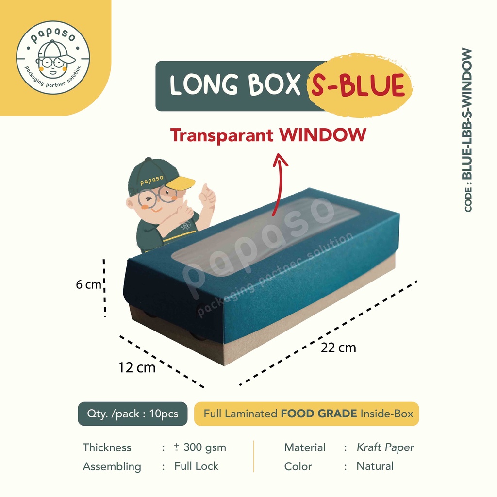 

Box Brownies / Long Box / Kotak (BLUE-LBB-S-WINDOW) Kraft Full Laminating (Min. Order 1pack/10pcs)