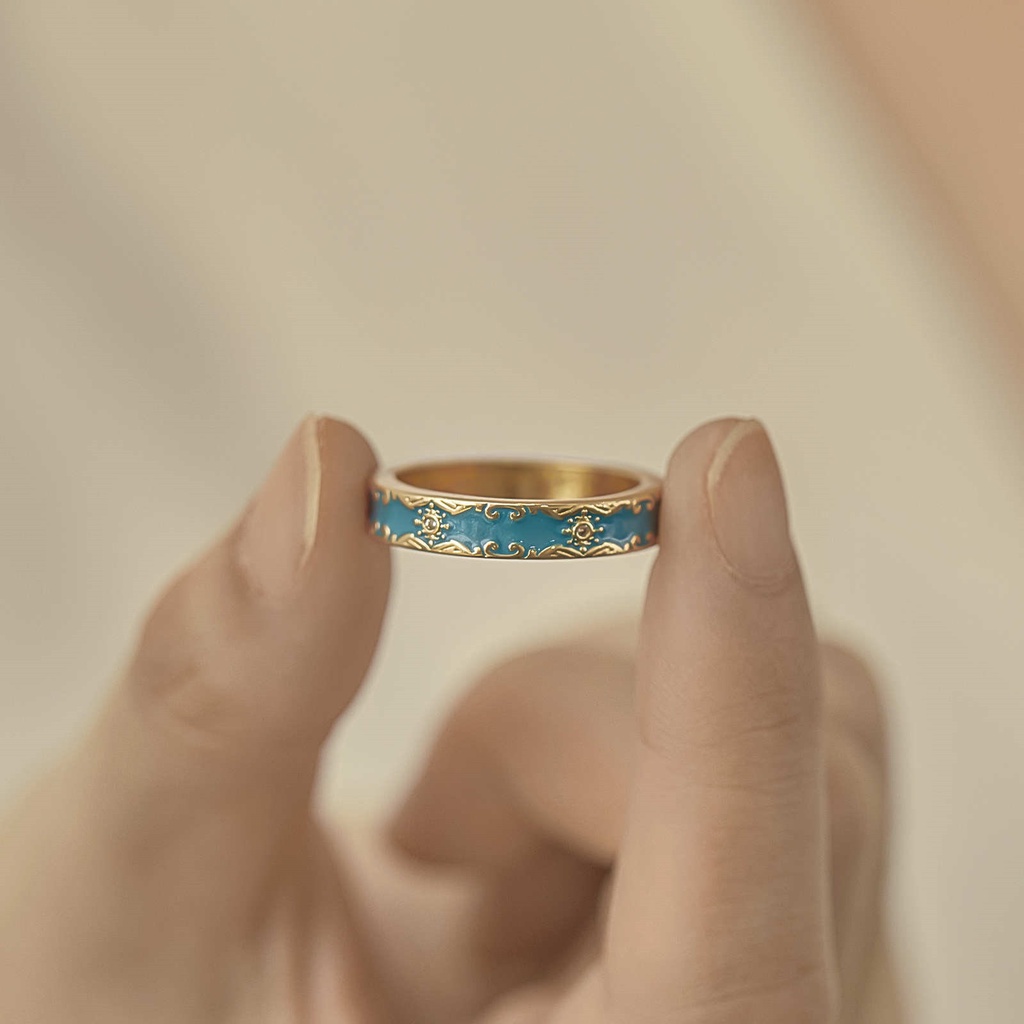 Cincin Bahan Alloy Desain Bunga Warna Putih Biru Untuk Wanita