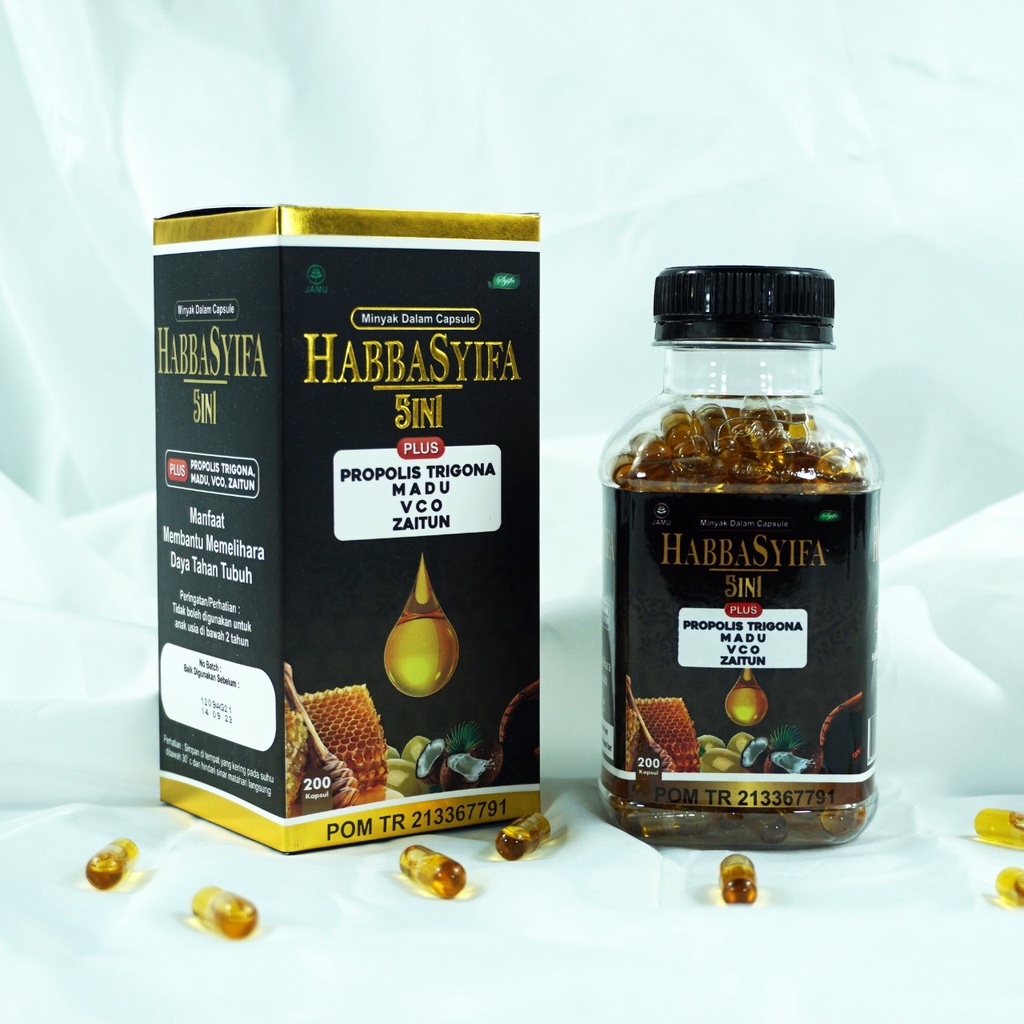 HABBATUSAUDA HABBASYIFA 5 IN 200 KAPSUL PLUS PROPOLIS TRIGONA MADU VCO ZAITUN HABBASYI JINTEN HITAM