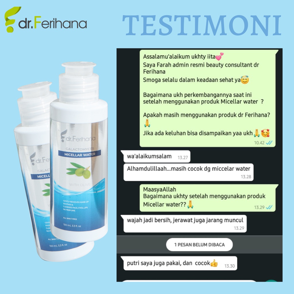 Dr. Ferihana Galactomyces Micellar Water 100ml Pembersih 3 in 1 Mencerahkan &amp; Melembabkan Wajah Skincare Glowing Original BPOM