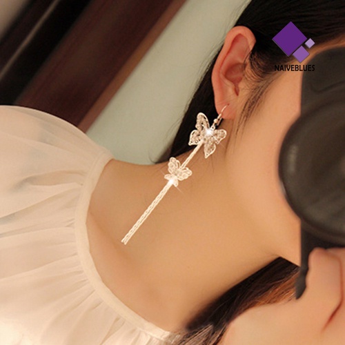 Anting Kait Panjang Double Layer Bentuk Butterfly Aksen Berlian Imitasi Untuk Wanita