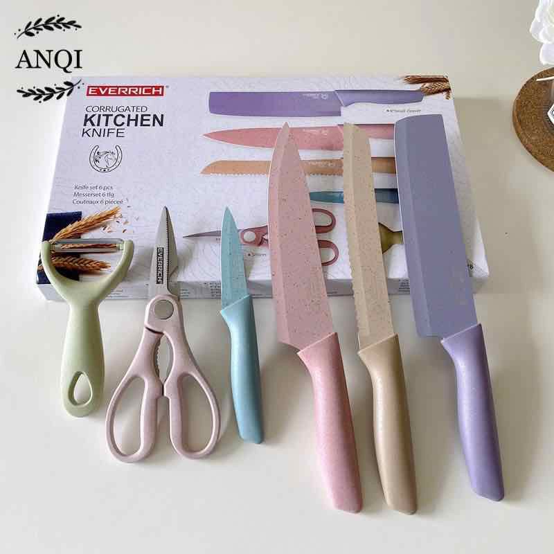 Anqi1888 6in1 Pisau Set Evcrierh / Vishal Stainless Dilapis Anti Lengket / Alat Masak Pisau Set