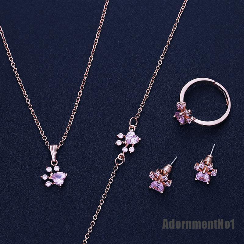 (Adornmentno1) 4pcs / set Kalung + Gelang + Cincin + Anting Tusuk Motif Telapak Kaki Anjing Aksen Kristal Untuk Perhiasan Wanita