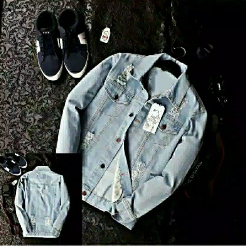 Jaket Jeans Pria Sobek / Jaket Jeans Ripped Pria Biru Muda Jumbo