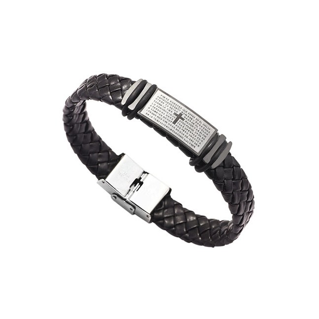 LRC Gelang Fashion Titanium Steel Leather Scripture Cross Bracelet Black D33284