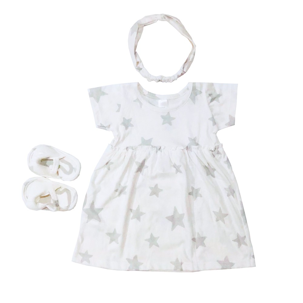 Ava 0-12 Bulan Dress Set Bayi / Dres Set Anak Bayi Little Koda - Toko Uwais Grosir-White Grey Star