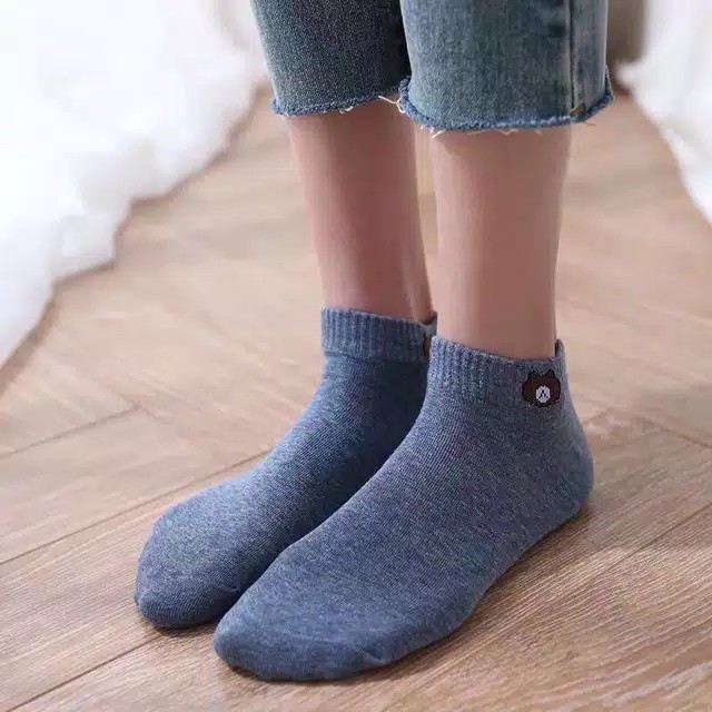 Kaos kaki Motif Beruang Brown Pria Wanita Korea Socks Line Pendek Import-3