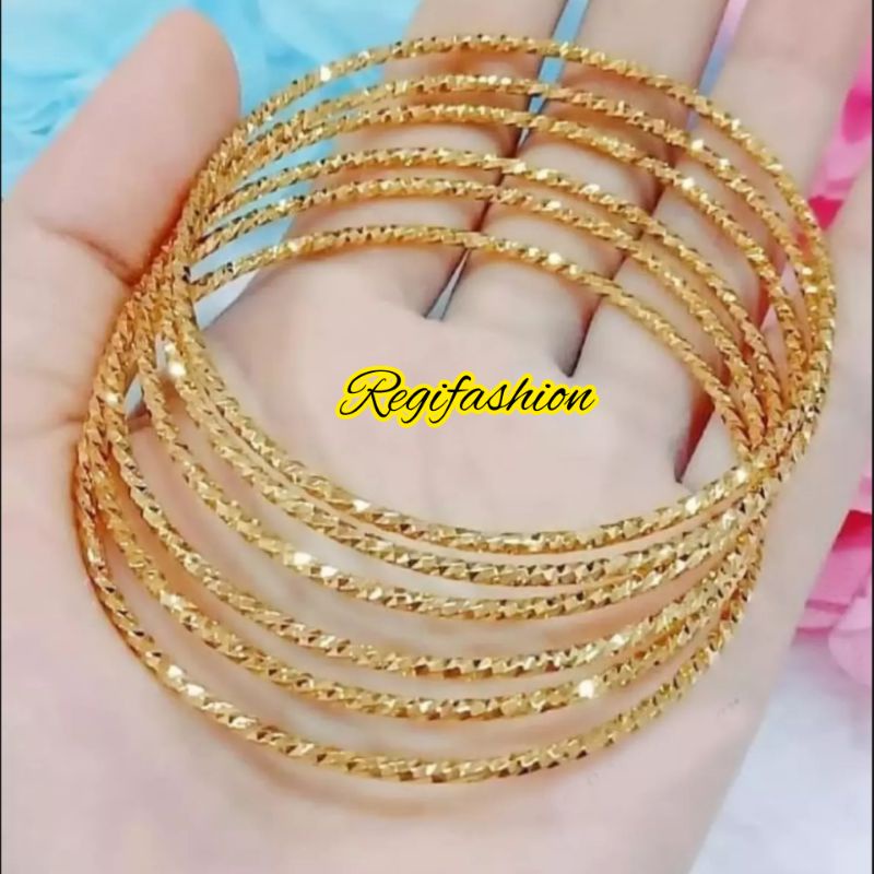 Gelang Keroncong Ukir Lapis Emas 3Pcs/6Pcs Fashion Wanita Anti Karat