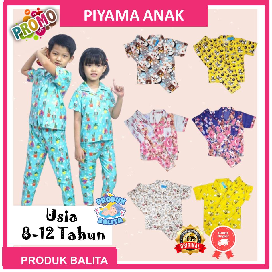 Setelan Baju Tidur Anak Perempuan Laki-laki Motif Karakter Lucu Piyam Anak Murah Usia 8-12 Tahun Terlaris