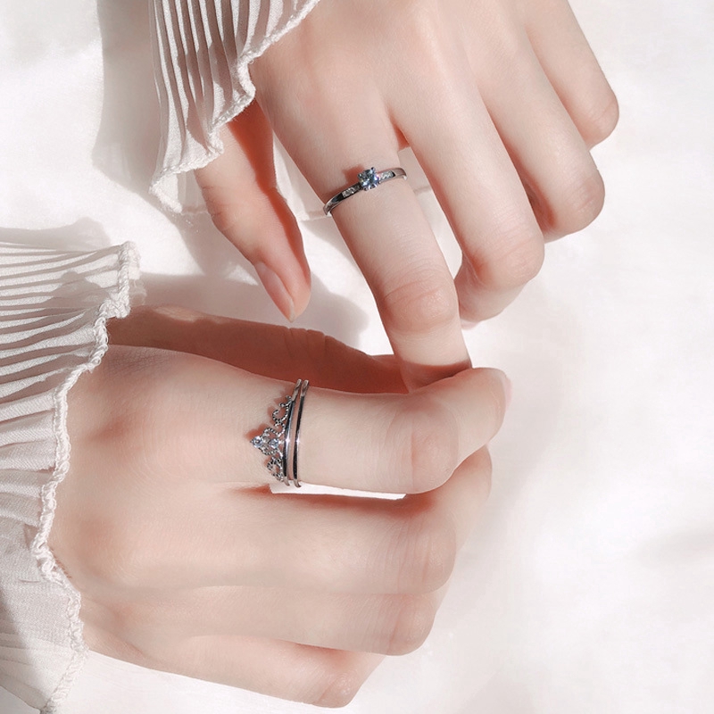 2Pcs Cincin Kristal Zircon Warna Silver untuk Wanita