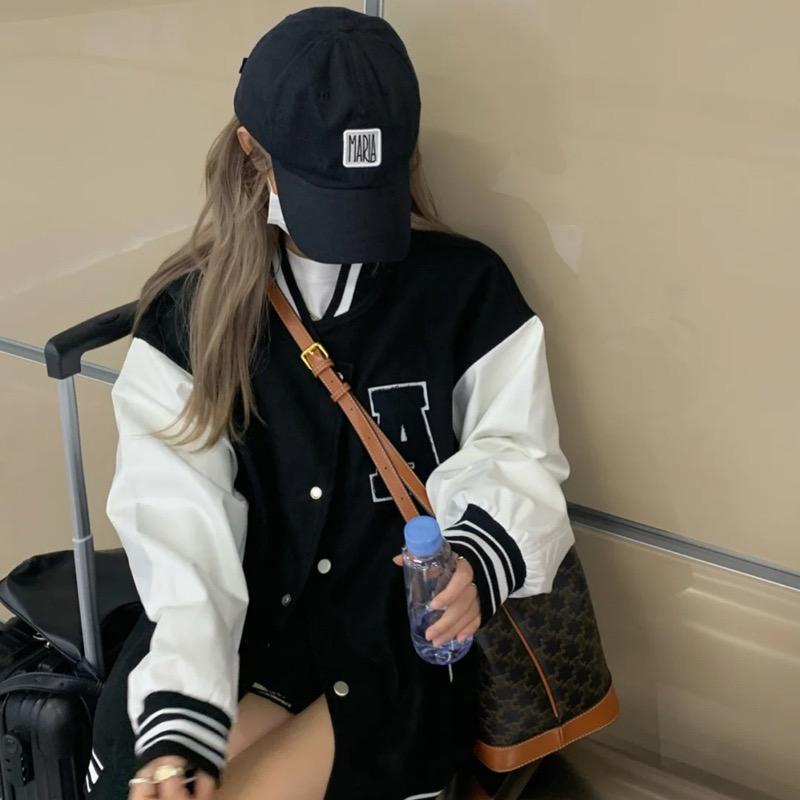 [littlecrab] Jaket Oversize Hitam Putih Letter A Bulu Jacket Varsity Baseball Korea Import Kancing Jepret Berkualitas Fleece Tebal Unisex Couple Good Quality Korean Style