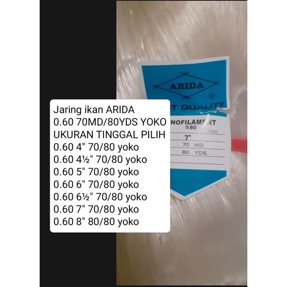 Jaring Ikan Arida 0.60 70md/80yds Yoko UKURAN TINGGAL PILIH pukat ikan jaring arida jaring ikan besar jaring ikan nelayan