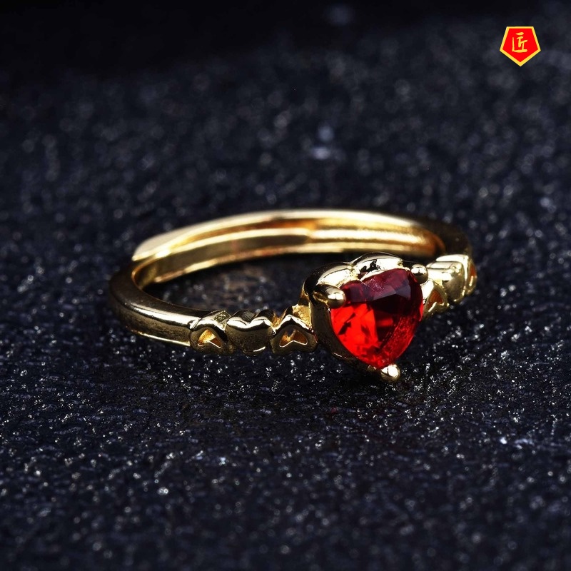 [Ready Stock]Love Heart-Shaped Red Diamond Ring 18K Gold Ins Style Simple