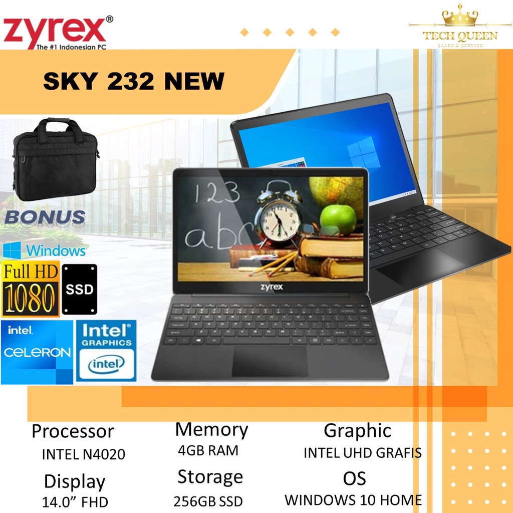 Zyrex Sky 232 New Generation - Intel N4020 Ram 4GB 256GB SSD Windows 10 14.0 Inchi FHD