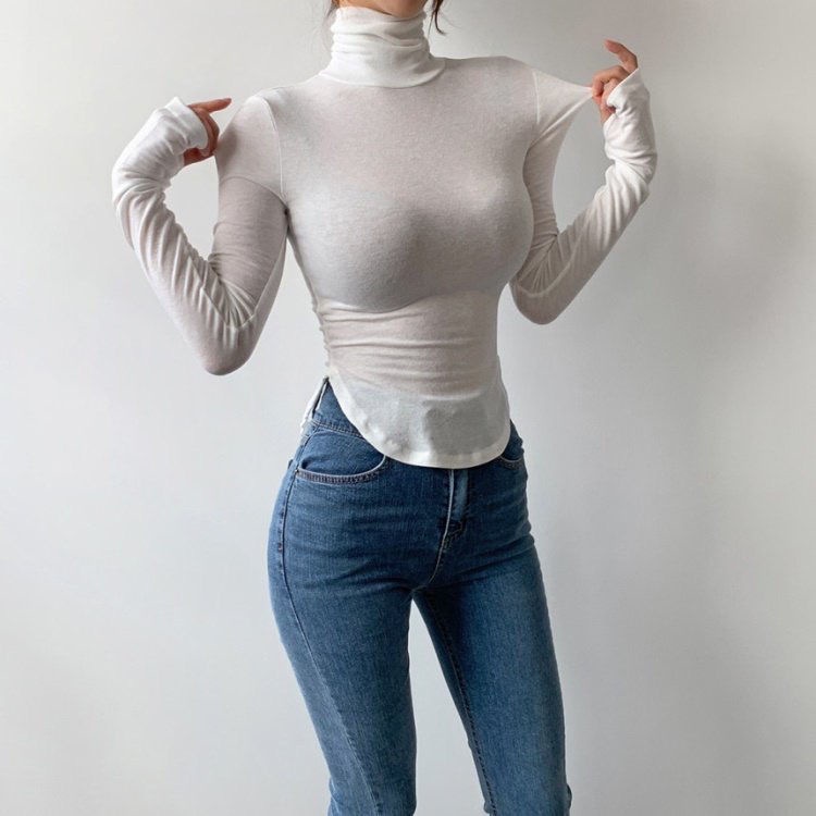 #Sisjuly# Hem berbentuk U menunjukkan pinggang tipis turtleneck ketat bottoming kemeja peregangan T-shirt tump