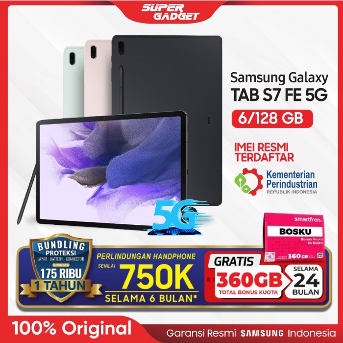 Samsung TAB S7 FE 5G 6/128 GB 12.4" 12 Inch Tablet T736 RAM 6 ROM 128 - Mystic Green, +proteksi