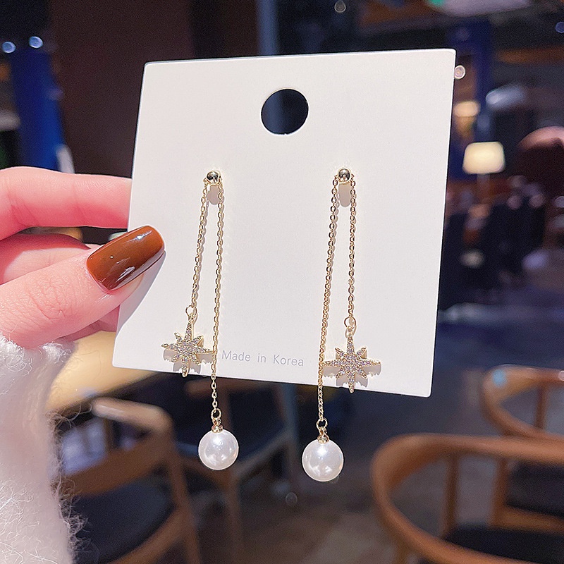 Anting Gantung Panjang Model Bintang Dengan Mutiara Bahan silver 925 Untuk Wanita