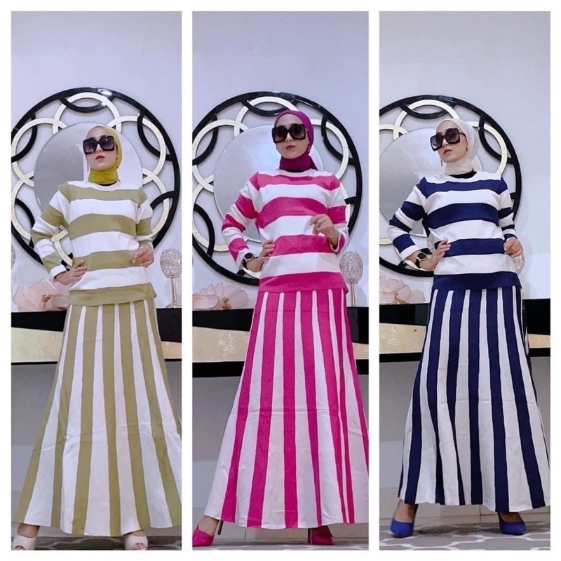 Knit One Set Salur Fuji / Baju Setelan Rajur Wanita Import