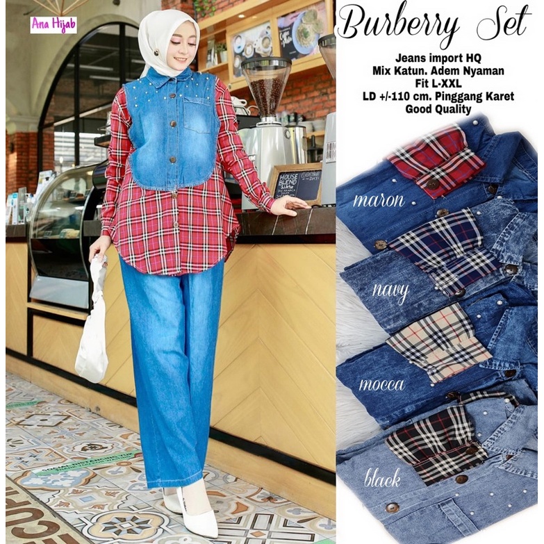 Setelan tunik motif kotak celana jeans wanita