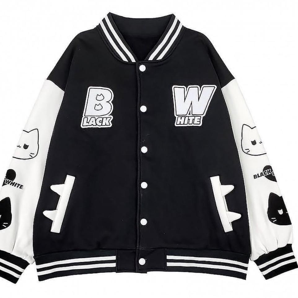 C2S0 JACKET  CEWEK LUCU | JACKET VARSITY  BW BLACK WHITE OVERSIZE WANITA KOREA STYLE  ALA CITAYAM FA