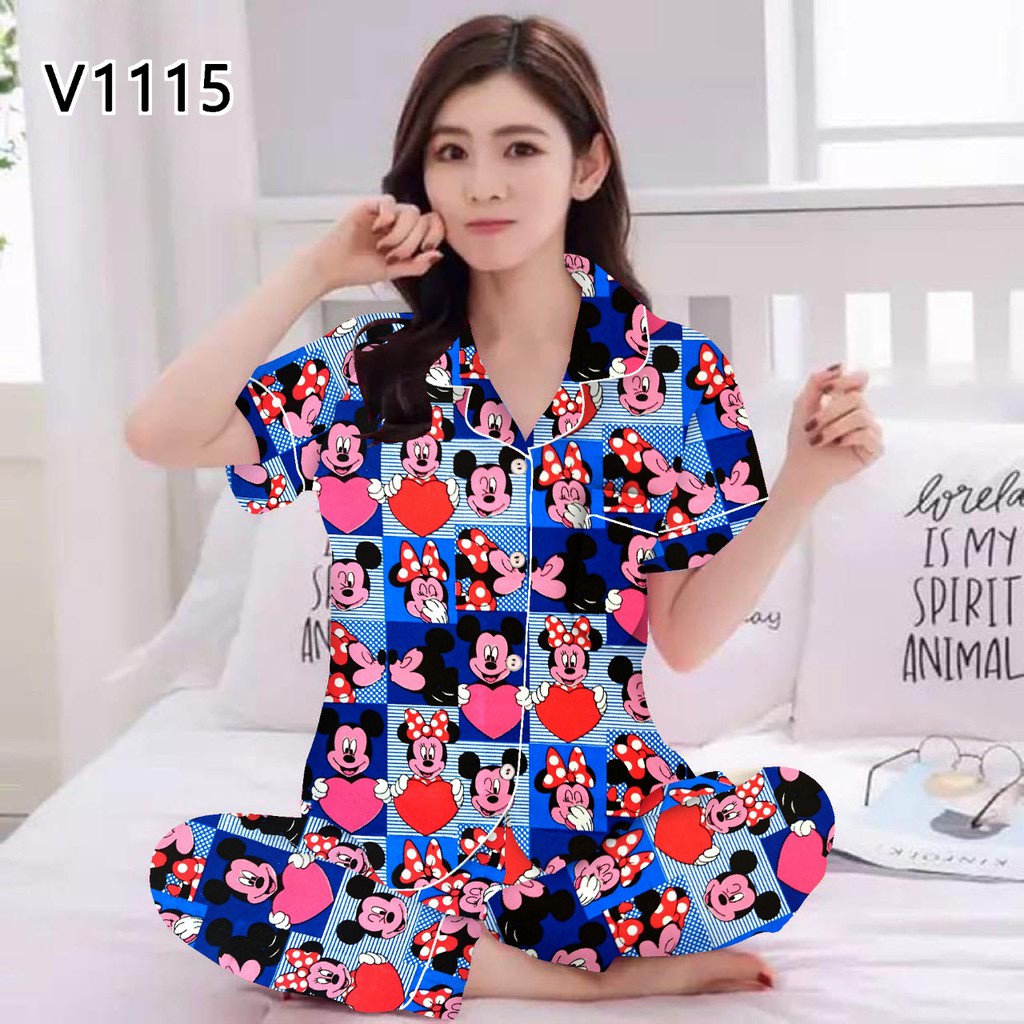 JNV Piyama CP Wanita Motif Karakter Kartun 04 - Baju Tidur Lengan Pendek - Bahan Katun-Mini Love Micky Biru