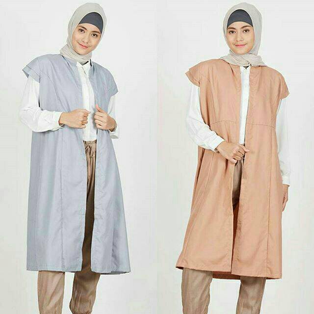 Luaran Outer Cardigan Vest Musoffia Katun Polos Cokelat Mocca Brown Abu Grey Panjang Muslim Hijab