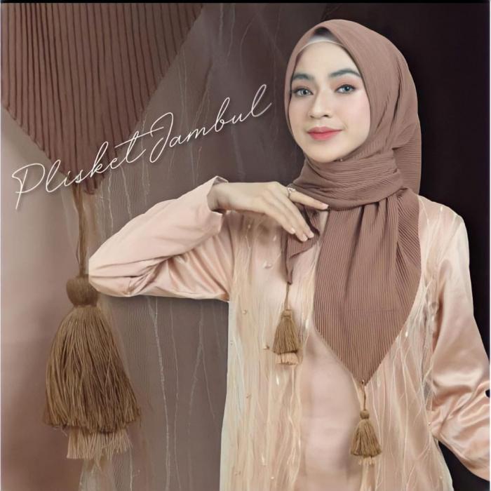 Hijab Segi Empat Plisket Pom Pom Jilbab Tasel Plisket Jahit Tepi