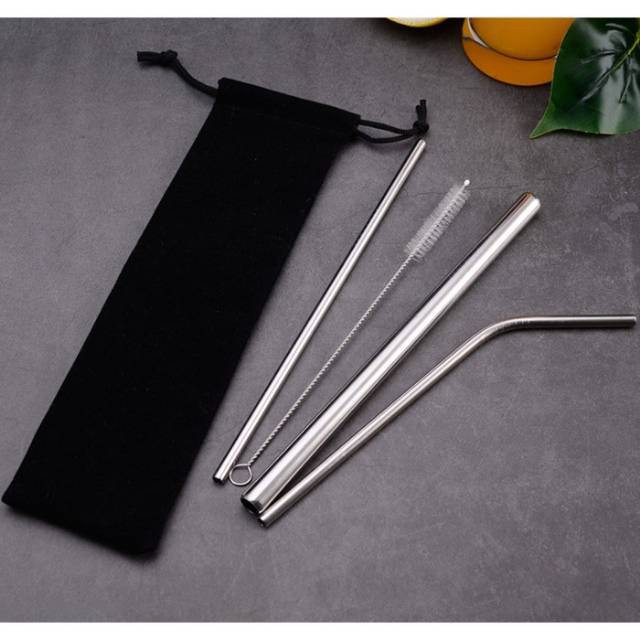 ZILLO Sedotan Stainless Set Isi 4 Pcs Sedotan Boba Sedotan Straw 4in1 Bonus Pouch Kualitas Premium
