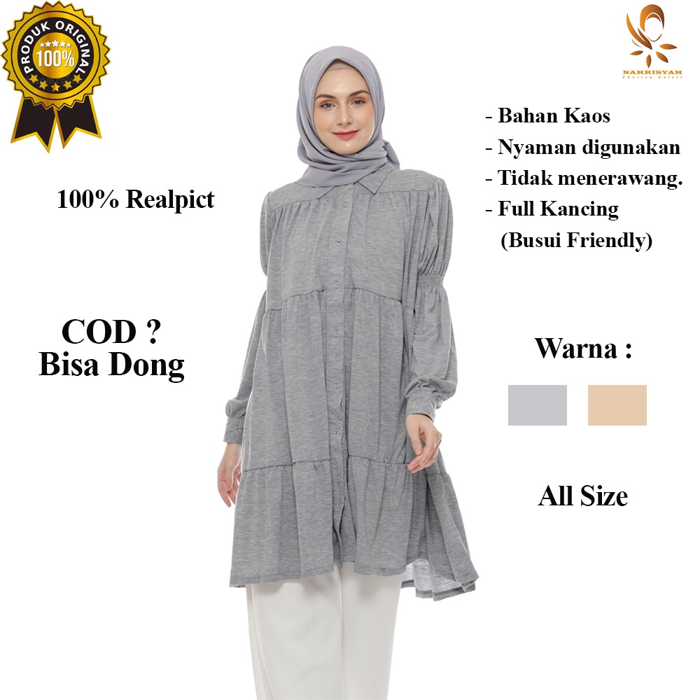 Baju Pakaian Tunik Muslim Wanita Terbaru Import Panjang Kekinian Kemeja Full Kancing Bahan Kaos Long