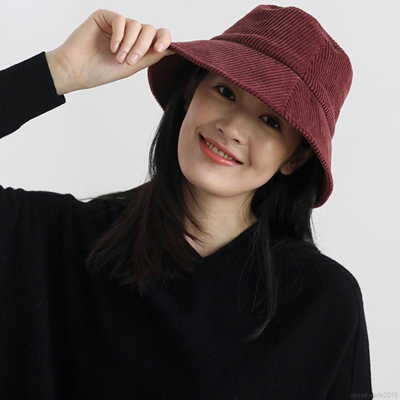 Topi Bucket Adjustable Bahan Corduroy Fleece Gaya Barat Untuk Wanita