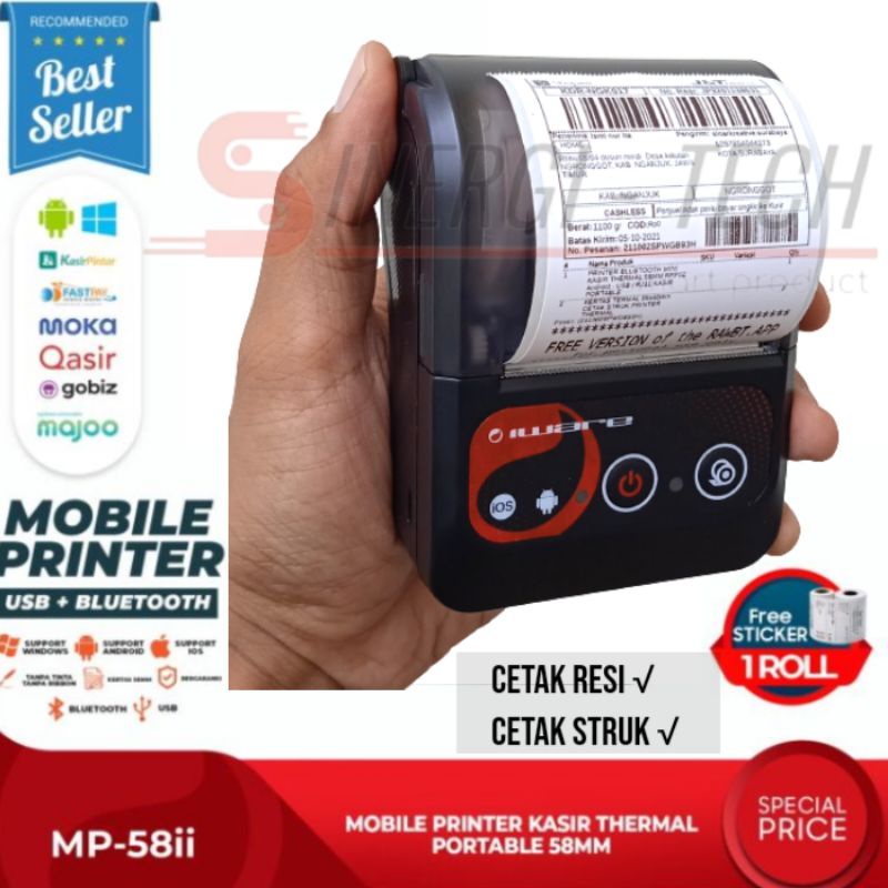 Jual Printer Bluetooth Thermal 58mm Mp 58ii Cetak Struk Kasir Ppob Dan Resi Free Kertas Label 5434