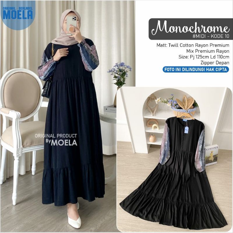 MIDI DRESS BY MOELA GAMIS MONOKROM KATUN RAYON SUSUN REMPEL CANTIK MURAH NYAMAN UNTUK KONDANGAN ARIS