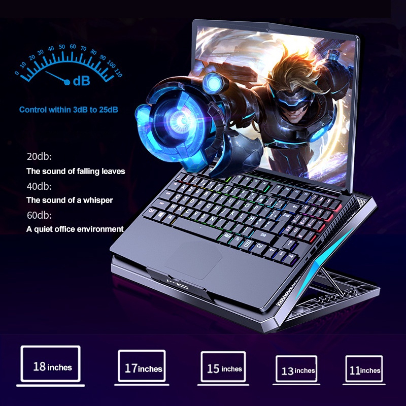 Laptop Cooling Pad Led Screen 6 Fans Two USB Port Cooler Pad RGB Light Notebook Stand for 11-17 Inch