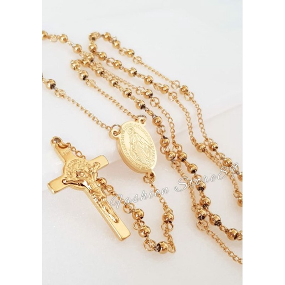Kalung Rosario impor titanium gold butiran 6mm kalung titanium rohani kalung rosario gold