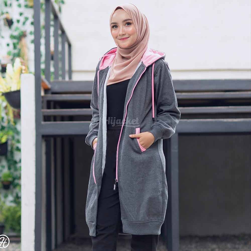 Termurah Jaket Panjang Hoodie Wanita Cewek Muslimah Jacket Hijaber Abu Tua Pink HJ-7 Berkualitas