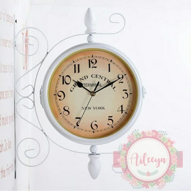 Jam gantung shabby vintage 2 sisi model grand central putih