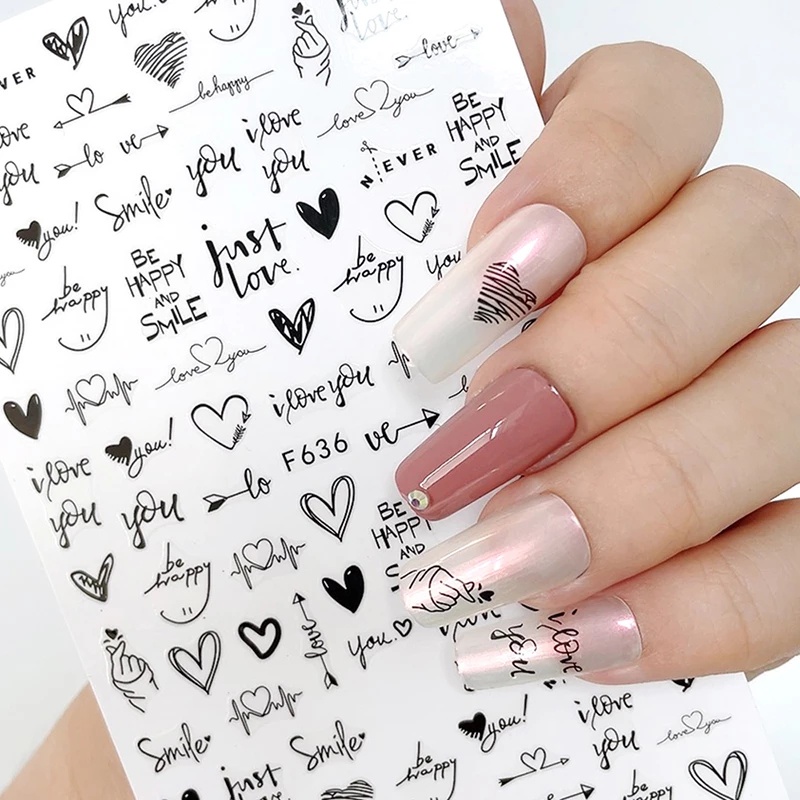 1 Sheet Pack 3D Black White Abstract Geometric Nail Foils / Flower Heart Pattern Paper Nails Stickers / Fashion Self-Adhesive Water Transfer Nail Decal / Manicure Art Decorations / DIY Nail Makeup Tools