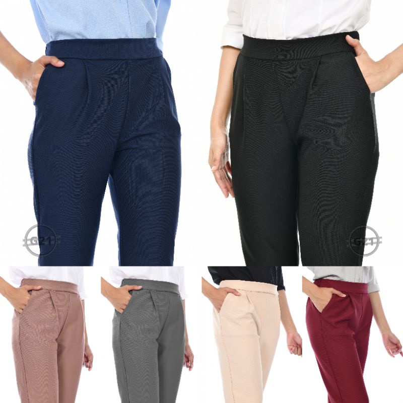 Celana Panjang Pinggang Karet Hitam Wanita Casual Dan Kerja Model Ankle Pants High Premium Quality Celana Panjang Kasual Kantor Formal Bahan Strit Strech Hitam Wanita