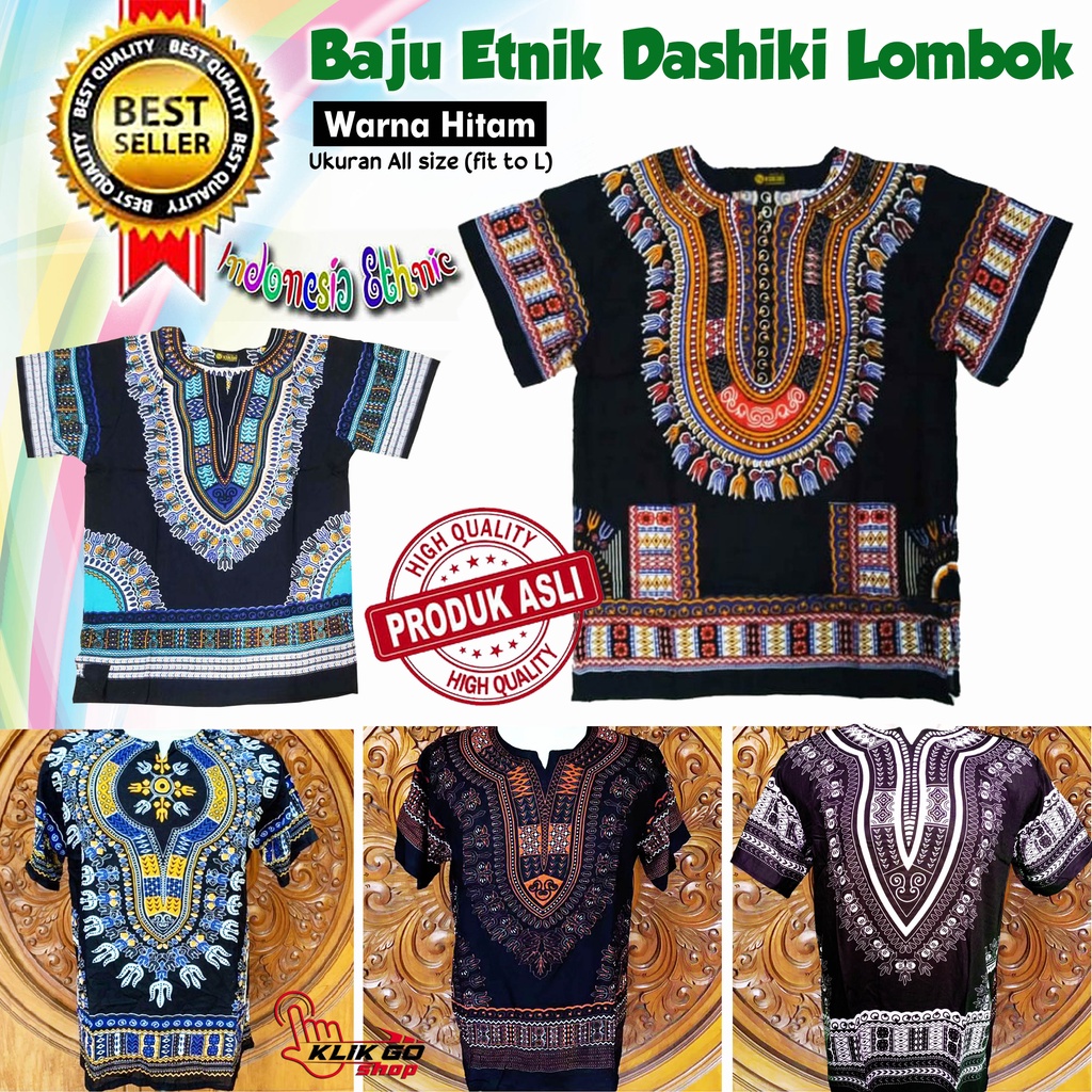 BAJU ETNIK LOMBOK BAJU DASHIKI HIPPIES BOHO WARNA HITAM ORANGE BIRU HIJAU COKLAT