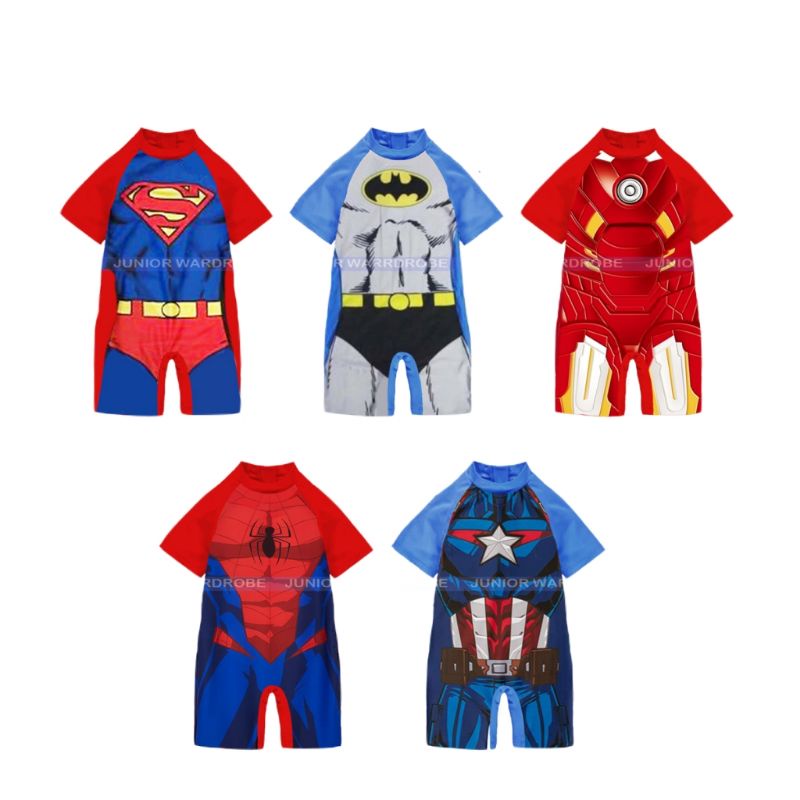 Baju Renang Anak Cowok Laki Boy JW289 Teen Superhero Swimwear Superman Batman Ironman Spiderman Captain America SD SMP 8 9 10 11 12 13 Tahun